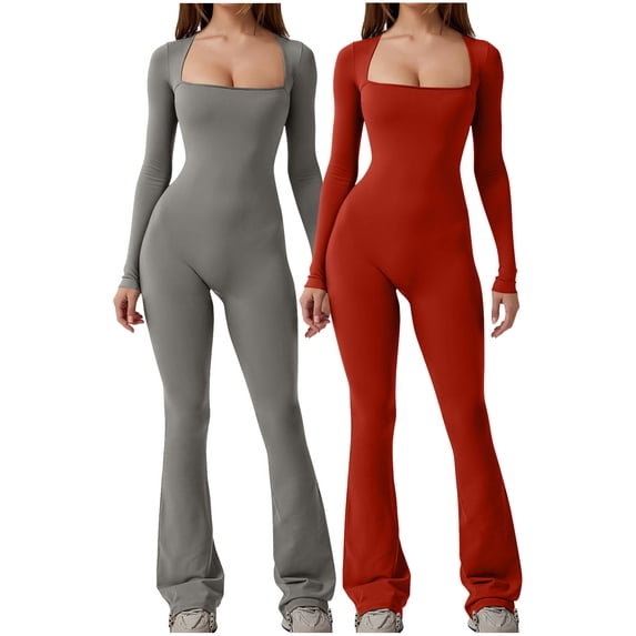 hotojiny 2PC Women Long Sleeve Flare Jumpsuits Square Neck Stretchy Bodysuit One-Piece Rompers for Workout