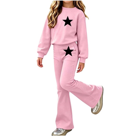 hotojiny 2PCS Girls Outfits Casual Pullover Sweatsuit Stars Sweatshirt Fashion Leggings Pants Set Fall Winter Clothes(Pink,13-14 Years)