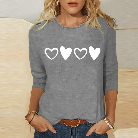 hotojiny 3/4 Length Sleeve Valentine's Day Tops for Women Cute Fashion Spring Crewneck Basic Tshirts Casual Comfy Blouse