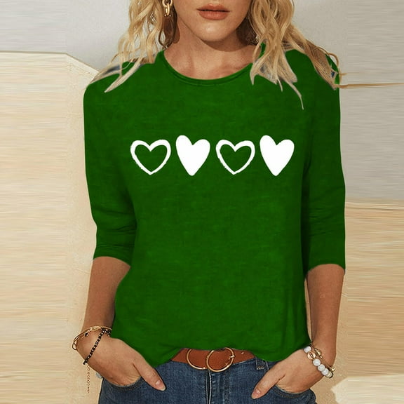 hotojiny 3/4 Length Sleeve Valentine's Day Tops for Women Cute Fashion Spring Crewneck Basic Tshirts Casual Comfy Blouse