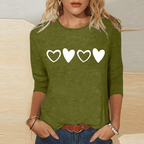hotojiny 3/4 Length Sleeve Valentine's Day Tops for Women Cute Fashion Spring Crewneck Basic Tshirts Casual Comfy Blouse