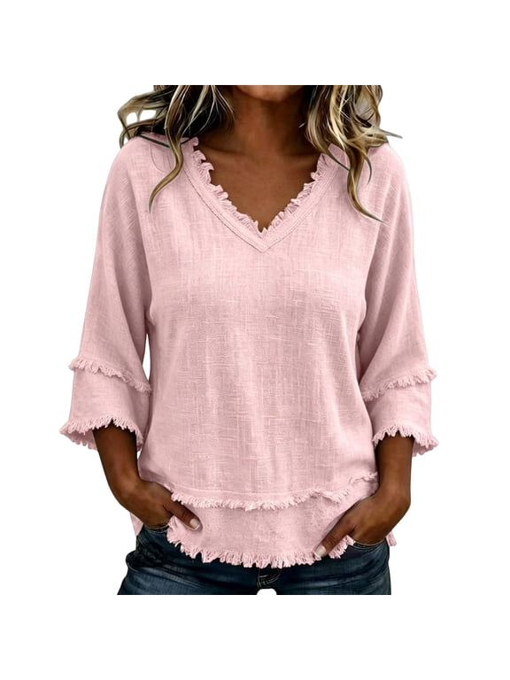 3/4 Length Sleeve Womens Tops V Neck Dressy Casual Tassel Shirts Boho Layered Cotton Linen Tunics(Pink,Medium)