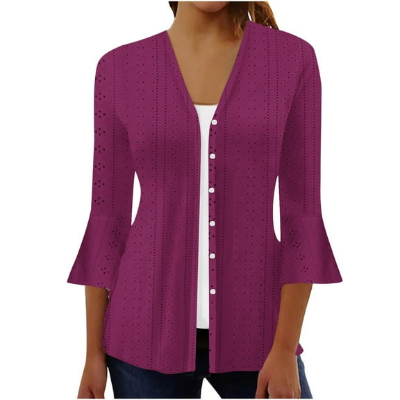 hotojiny 3/4 Sleeve Cardigan for Women Button down Plus Size Coats Stylish Lightweight Soft Solid Color Outwear Fall