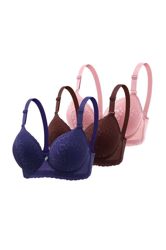 3 PC Everyday Bra for Women Full Coverage Push up Bra Underwire Lace Unlined Bras Lightly Padded Bras