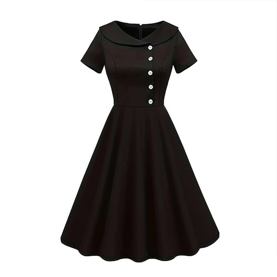 hotojiny 50s Dresses for Women Vintage Short Sleeve Button Babydoll A-Line Dress Cute A-Line Flowy Midi Prom Dress