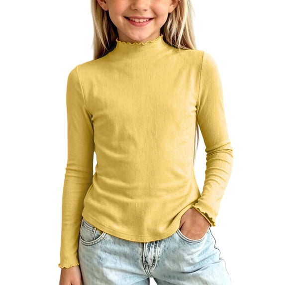 hotojiny Baby Girl Toddler Undershirt Thermal Long Sleeve Shirt Basic Tshirt Tops Soft Fitted Solid Color Tees for Kids(Yellow,1-2 Years)