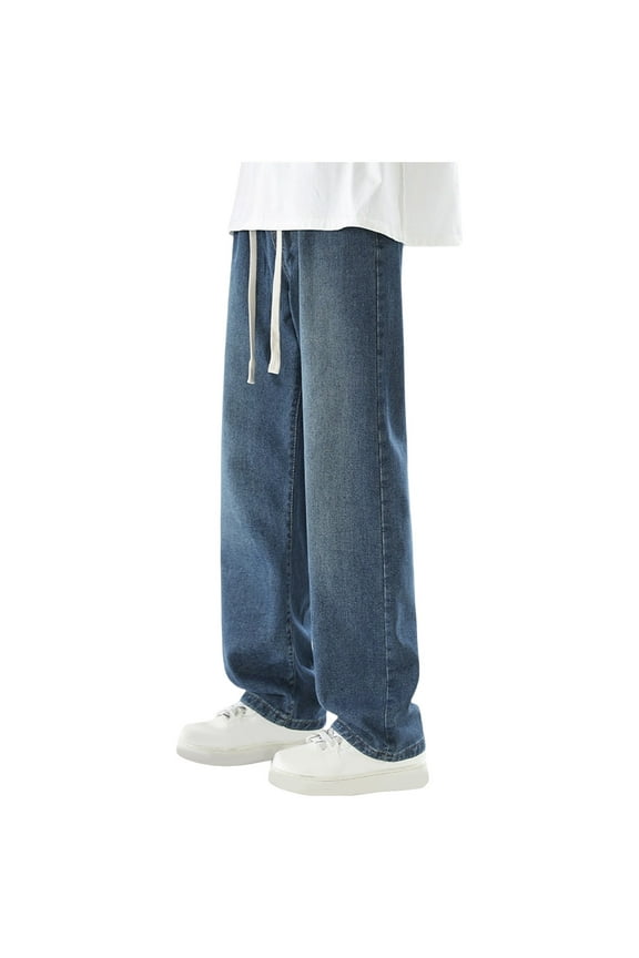 Baggy Jeans for Men Fall Streetwear Trendy Wide Leg Loose Fit Denim Pants Washed Elastic Waist Drawstring Jeans Big and Tall