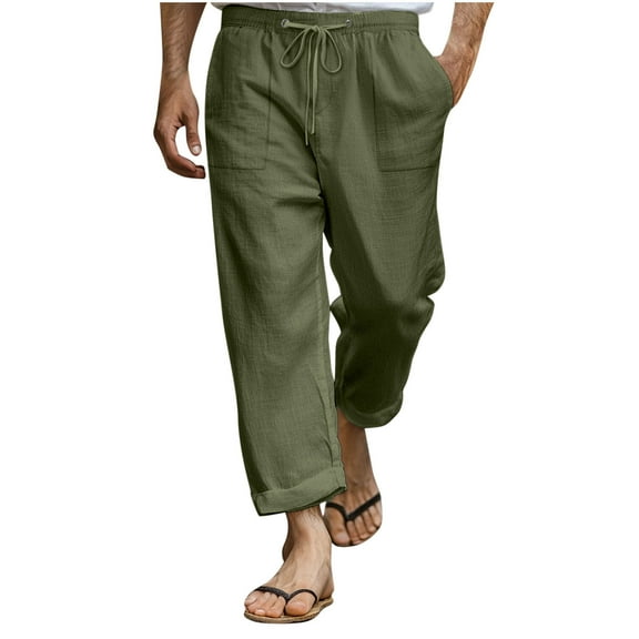 hotojiny Beach Pants for Men Cotton Linen Casual Loose Fit Drawstring Trousers Baggy Elastic Waist Lightweight Work Travel Pants