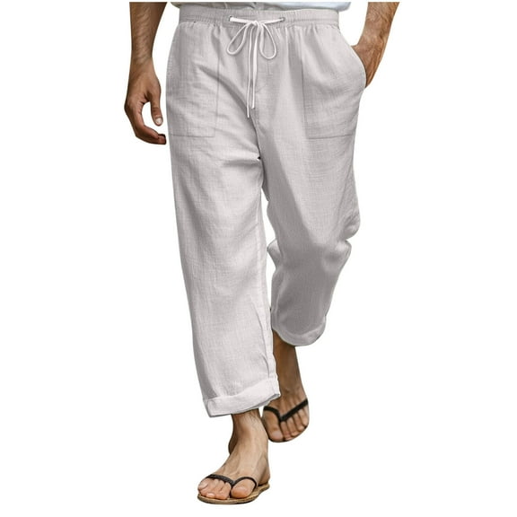 hotojiny Beach Pants for Men Cotton Linen Casual Loose Fit Drawstring Trousers Baggy Elastic Waist Lightweight Work Travel Pants