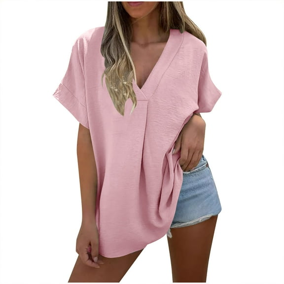 hotojiny Beach Vacation Clothes for Women Oversized Short Sleeve Trendy T Shirts Summer Breathable Deep V Neck Flowy Tunic Tops
