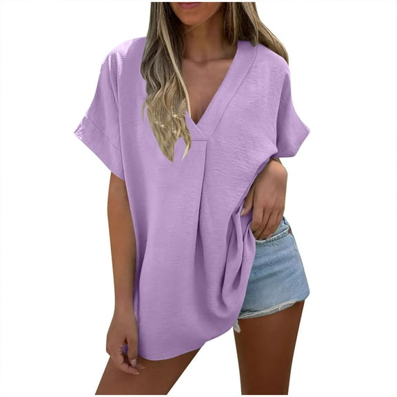 hotojiny Beach Vacation Clothes for Women Oversized Short Sleeve Trendy T Shirts Summer Breathable Deep V Neck Flowy Tunic Tops