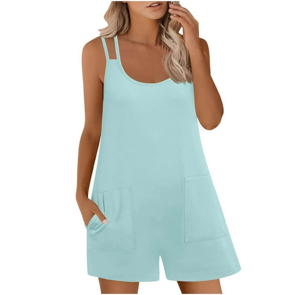 hotojiny Beach Vacation Clothes for Women Sleeveless Romper for Women Loose Scoop Neck Wide Leg Shorts Jumpsuits with Pockets