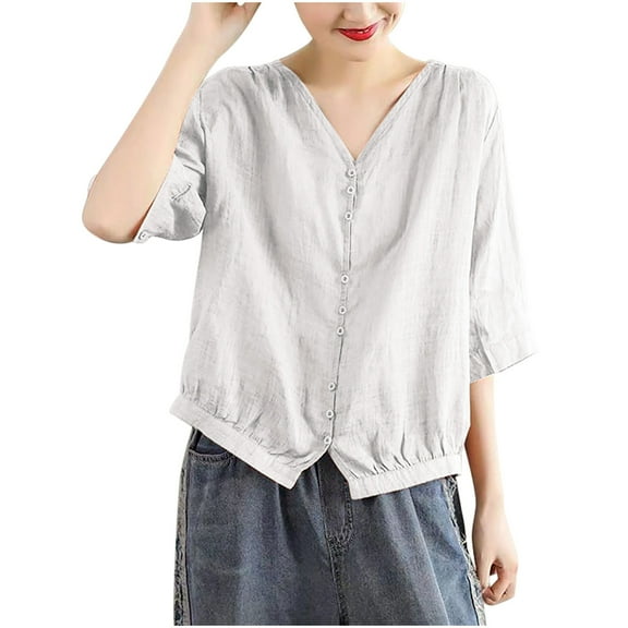 hotojiny Beach Vaction Clothes for Women Loose V Neck Button down Tunic Shirt Casual Solid 3/4 Length Sleeve Cotton Linen Tops