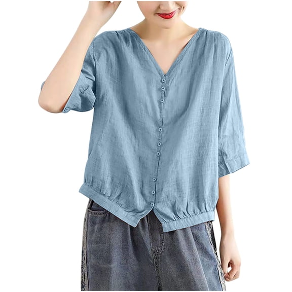 hotojiny Beach Vaction Clothes for Women Loose V Neck Button down Tunic Shirt Casual Solid 3/4 Length Sleeve Cotton Linen Tops