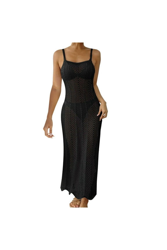 Beach Vaction Clothes for Women Square Collar Sleeveless Swimsuit Cover up Maxi Dress See Through Hollow out Knit Cover Ups