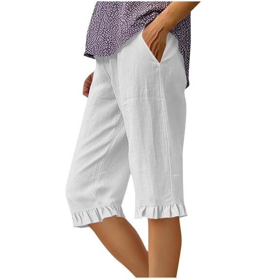 hotojiny Bermuda Shorts for Women Cotton Linen Knee Length Summer Casual Long Shorts Loose High Waisted Ruffle Hem Shorts with Pockets