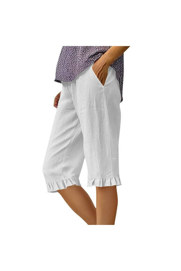 Bermuda Shorts for Women Cotton Linen Knee Length Summer Casual Long Shorts Loose High Waisted Ruffle Hem Shorts with Pockets