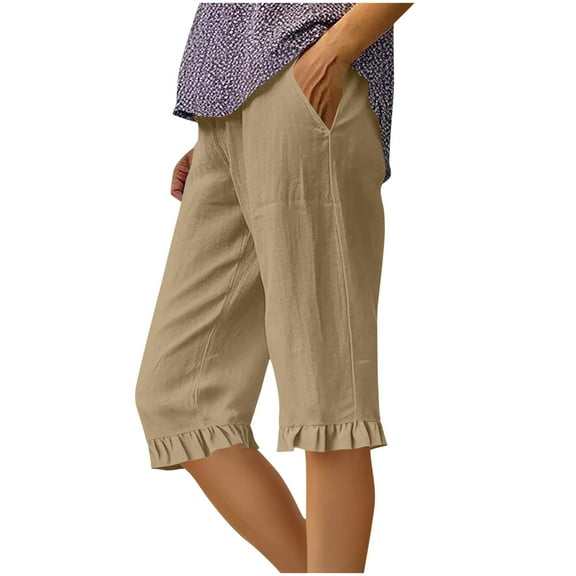 hotojiny Bermuda Shorts for Women Cotton Linen Knee Length Summer Casual Long Shorts Loose High Waisted Ruffle Hem Shorts with Pockets