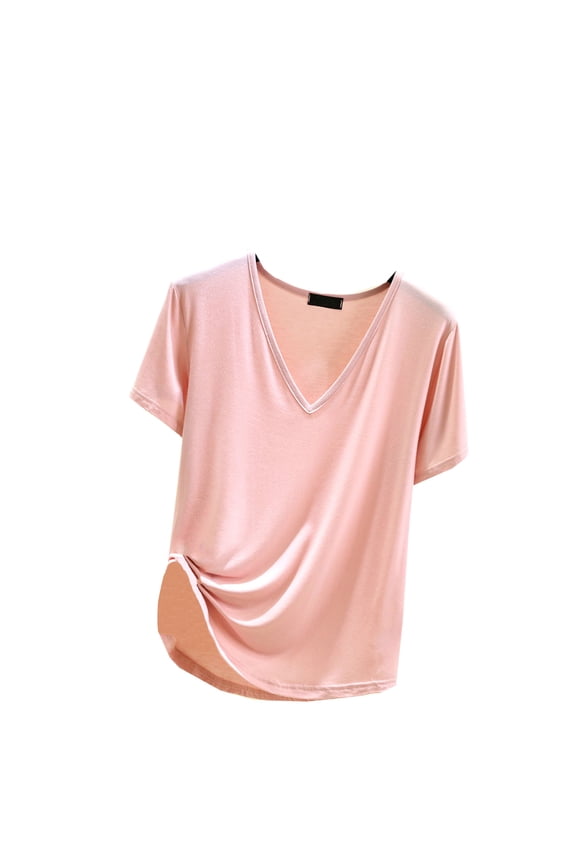 Besolor Short Sleeve Pajama Tops for Women V Neck Soft Sleep Shirts for Ladies Casual Solid Color Tunic Tee Blouse