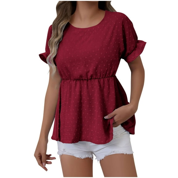 hotojiny Blouses for Women Dressy Casual Short Sleeve Textured Tunic Shirts Spring Crew Neck Ruffle Hem Loose Tops