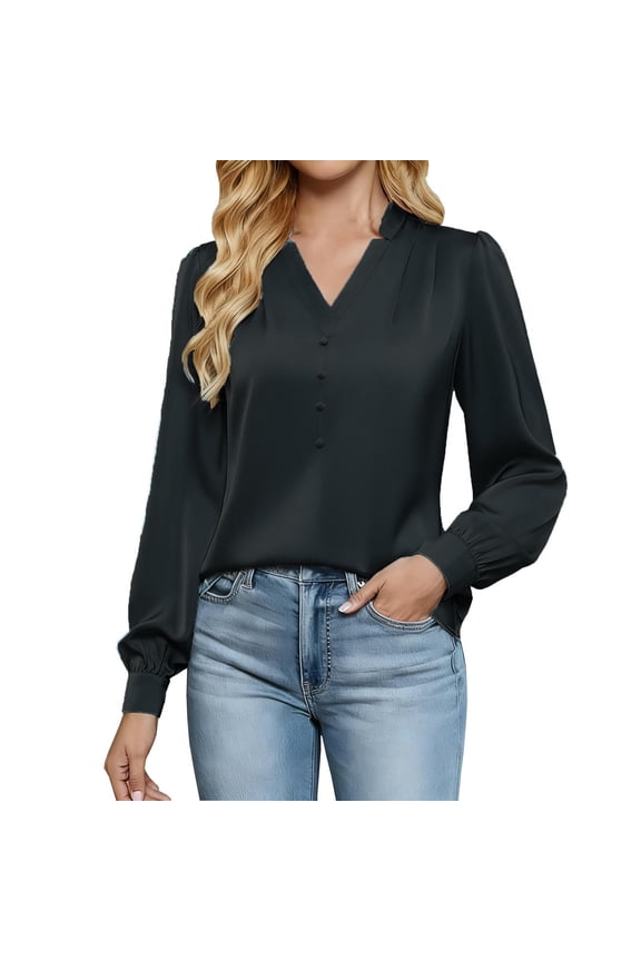 Blouses for Women Dressy Casual Satin Silk Work Office Fall Outfits Elegant Lantern Long Sleeve V Neck Business Tops