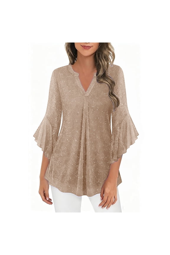 Blouses for Women Dressy Casual Sequins Ruffle 3/4 Sleeve Notch V Neck Sparkle Shirt Work Evening Party Glitter Mesh Top