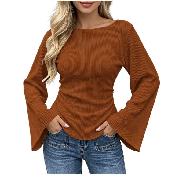 hotojiny Boat Neck Tops for Women Bell Long Sleeve Shirts Going out Clothes Fall Ruched Trendy Flare Sleeve Slim Fit Blouses(Coffee,Small)
