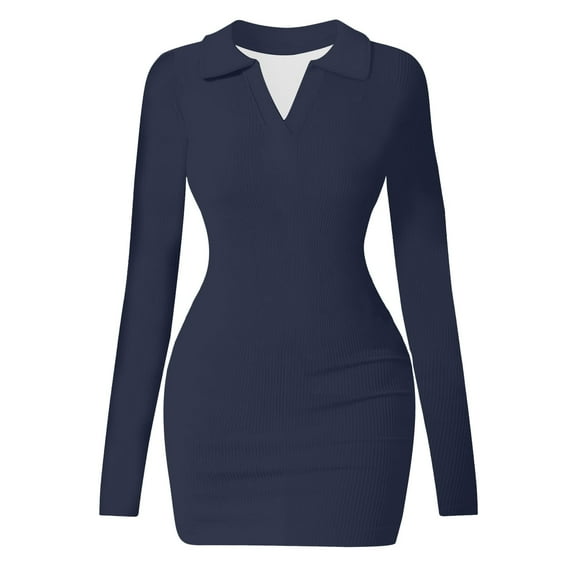 hotojiny Bodycon Mini Dress for Women Trendy Elegant Slim Long Sleeve Party Dresses Knit V-Neck Lapel Club Dress