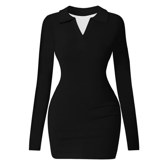 hotojiny Bodycon Mini Dress for Women Trendy Elegant Slim Long Sleeve Party Dresses Knit V-Neck Lapel Club Dress