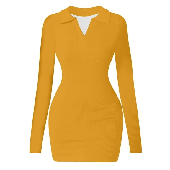 hotojiny Bodycon Mini Dress for Women Trendy Elegant Slim Long Sleeve Party Dresses Knit V-Neck Lapel Club Dress