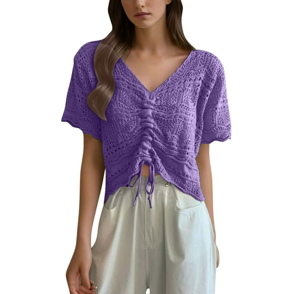 hotojiny Boho Tops for Women Lightweight Short Sleeve V Neck Crochet Beachwear Cute Drawstring Ruched Crop Cover up for Vaction