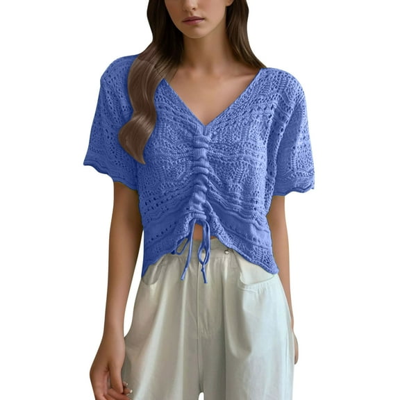 hotojiny Boho Tops for Women Lightweight Short Sleeve V Neck Crochet Beachwear Cute Drawstring Ruched Crop Cover up for Vaction