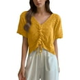 thumbnail image 1 of hotojiny Boho Tops for Women Lightweight Short Sleeve V Neck Crochet Beachwear Cute Drawstring Ruched Crop Cover up for Vaction, 1 of 5