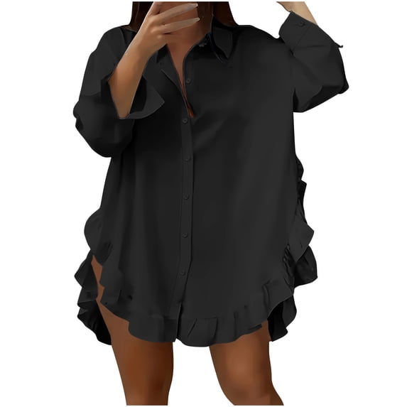 hotojiny Boho Tops for Women Long Sleeve Button Down Shirts Oversized Collared Ruffle Hem Blouses Beach Vaction Clothes