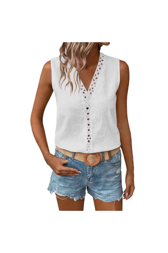 Boho Tops for Women Summer Eyelet V Neck Basic Sleeveless Tank Shirts Dressy Casual Blouses Beach Vacation Clothes