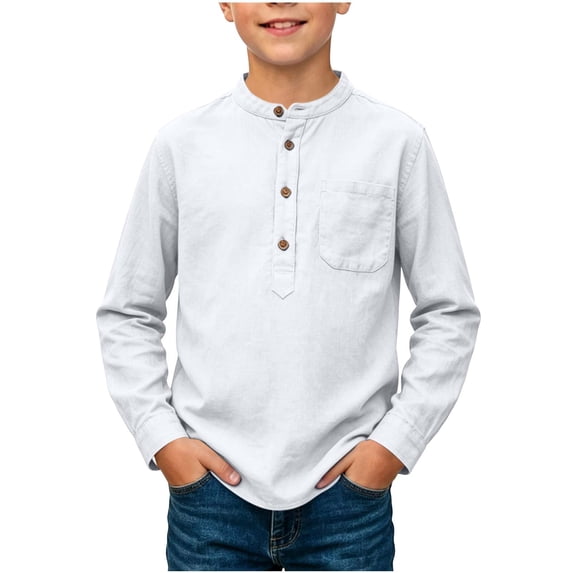 hotojiny Boys Button up Henley Shirts Long Sleeve Cotton Linen Shirts Lightweight Regular Fit Kids Casual Top Vacation Outfit(White,13-14 Years)