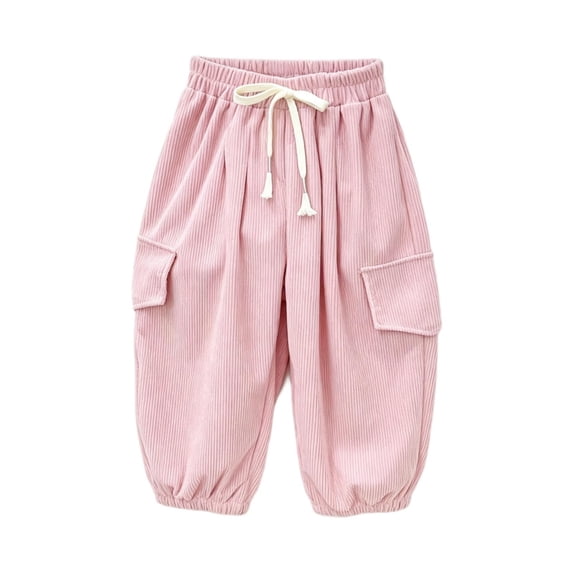 hotojiny Boys Girls Corduroy Pants Winter Warm Pull on Plain Elastic Waist Trousers Drawstring Thermal Cinch Bottoms Kids Pants(Pink,1-2 Years)