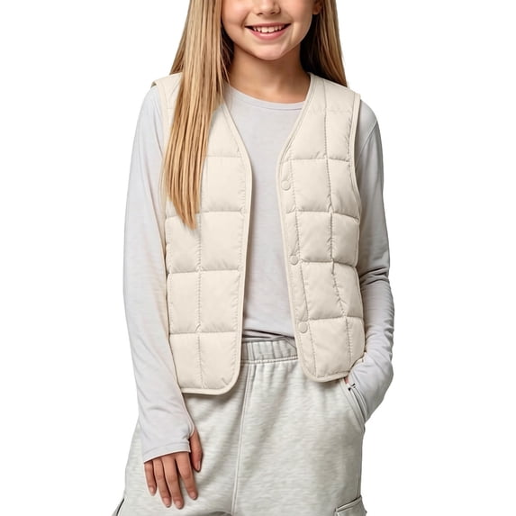 hotojiny Boys Quilted Vest Solid Color V Neck Puffer Outwear Lightweight Sleeveless Jacket Button down Waistcoat(Beige,5-6 Years)