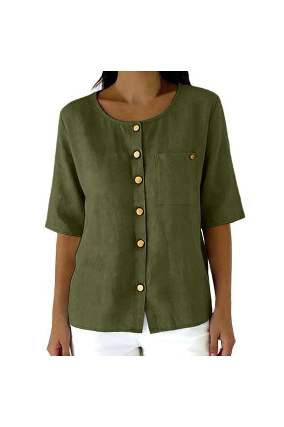 Business Casual Tops for Wom Half Sleeve Button down Shirt Classic Fit Tee Shirt Lightweight Work Blouse with Pocket