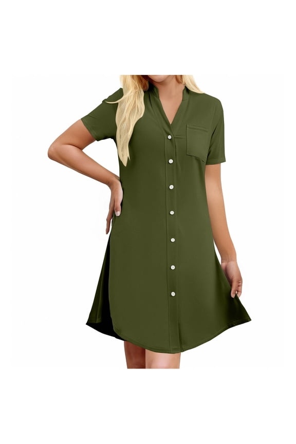 Button Down Nightgown for Women Casual Soft Short Sleeve Sleepshirts Comfy Lounge Loose House Dresses