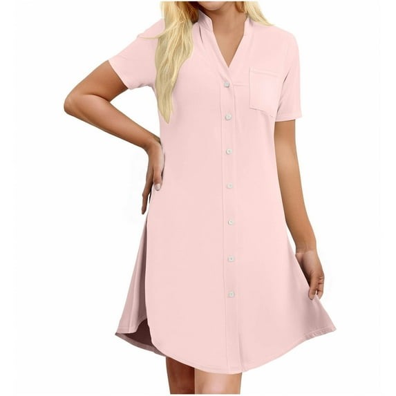 hotojiny Button Down Nightgown for Women Casual Soft Short Sleeve Sleepshirts Comfy Lounge Loose House Dresses