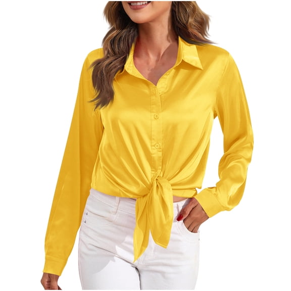 hotojiny Button Down Shirt for Women Satin Trendy Spring Long Sleeve Blouse Casual Lapel Collared Solid Color Tops