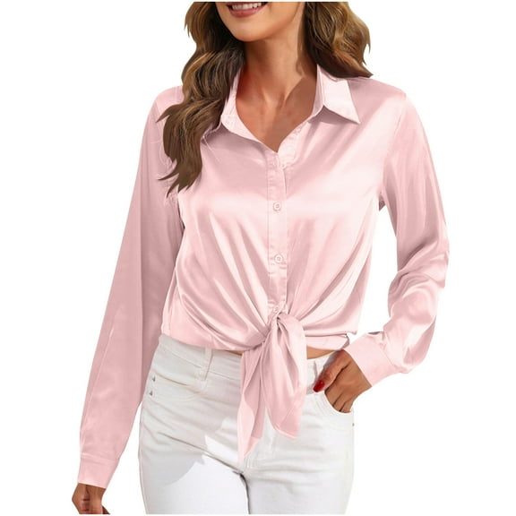 hotojiny Button Down Shirt for Women Satin Trendy Spring Long Sleeve Blouse Casual Lapel Collared Solid Color Tops