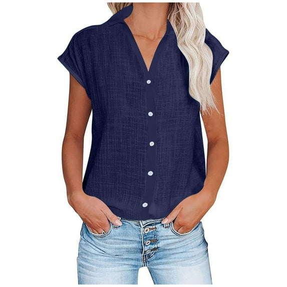 hotojiny Button Down Shirts for Women Casual Cap Sleeve Linen Tops Lounge Summer Loose Lightweight Blouse