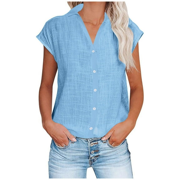 hotojiny Button Down Shirts for Women Casual Cap Sleeve Linen Tops Lounge Summer Loose Lightweight Blouse