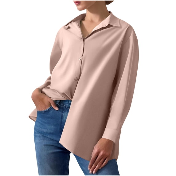hotojiny Button Down Shirts for Women Casual Long Sleeve Lapel Loose Blouse Lounge Solid Color Spring Clothes