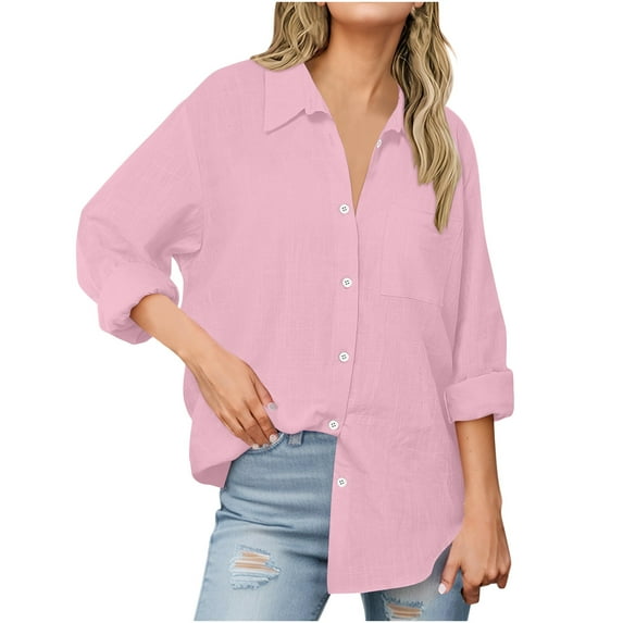hotojiny Button Down Shirts for Women Plus Size Cotton Linen Long Sleeve Oversized Blouses Loose Casual Lapel Tops