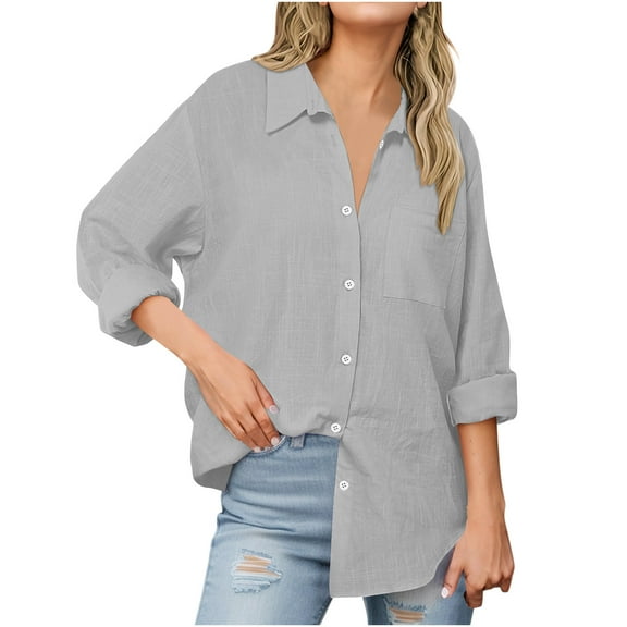 hotojiny Button Down Shirts for Women Plus Size Cotton Linen Long Sleeve Oversized Blouses Loose Casual Lapel Tops