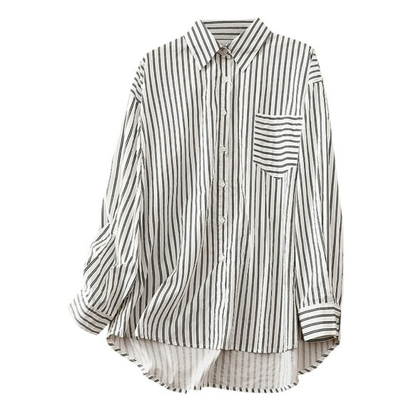 hotojiny Button down Shirts for Women Casual Long Sleeve Loose Laple Trendy Work Blouse Striped Fashion Tops with Pocket