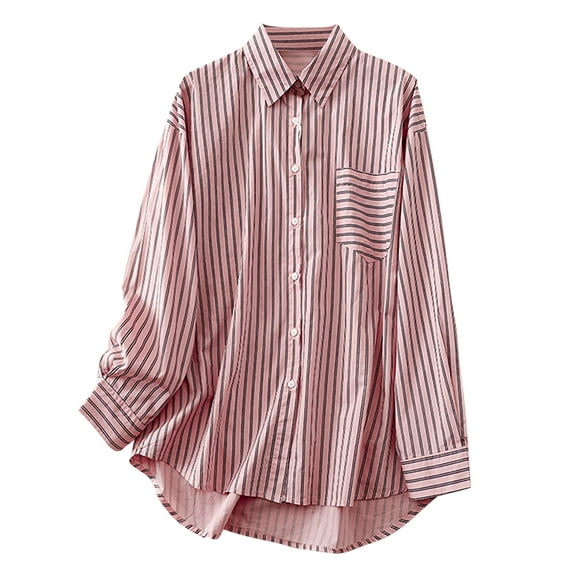 hotojiny Button down Shirts for Women Casual Long Sleeve Loose Laple Trendy Work Blouse Striped Fashion Tops with Pocket